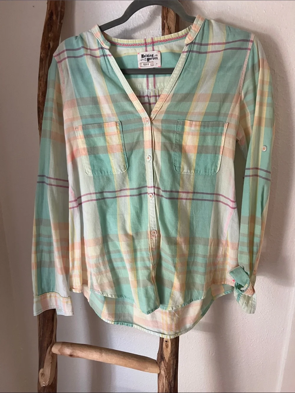 HOLDING HORSES Pastel Plaid Button-Down Soft Cotton Shirt Mint, Peach, Yellow 4